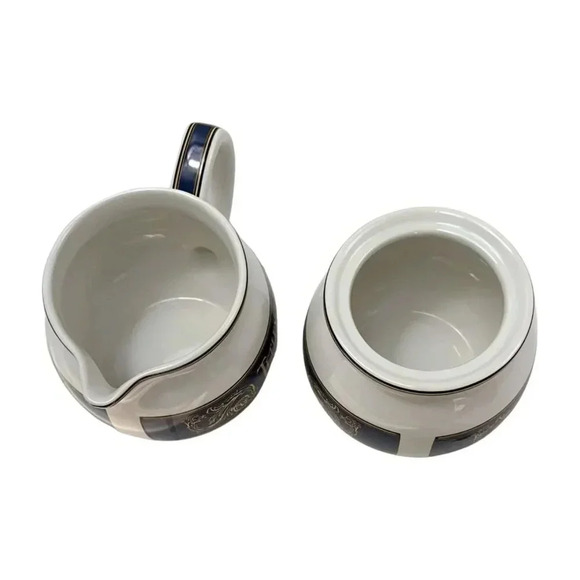 Tetley Tea Lot 2 Cream and Sugar Bowl White Blue Gold  Ceramic 1980s - Picture 5 of 9